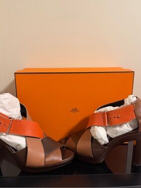 Hermes Tricolor Leather Platform Sandals in Orange, Tan & Brown